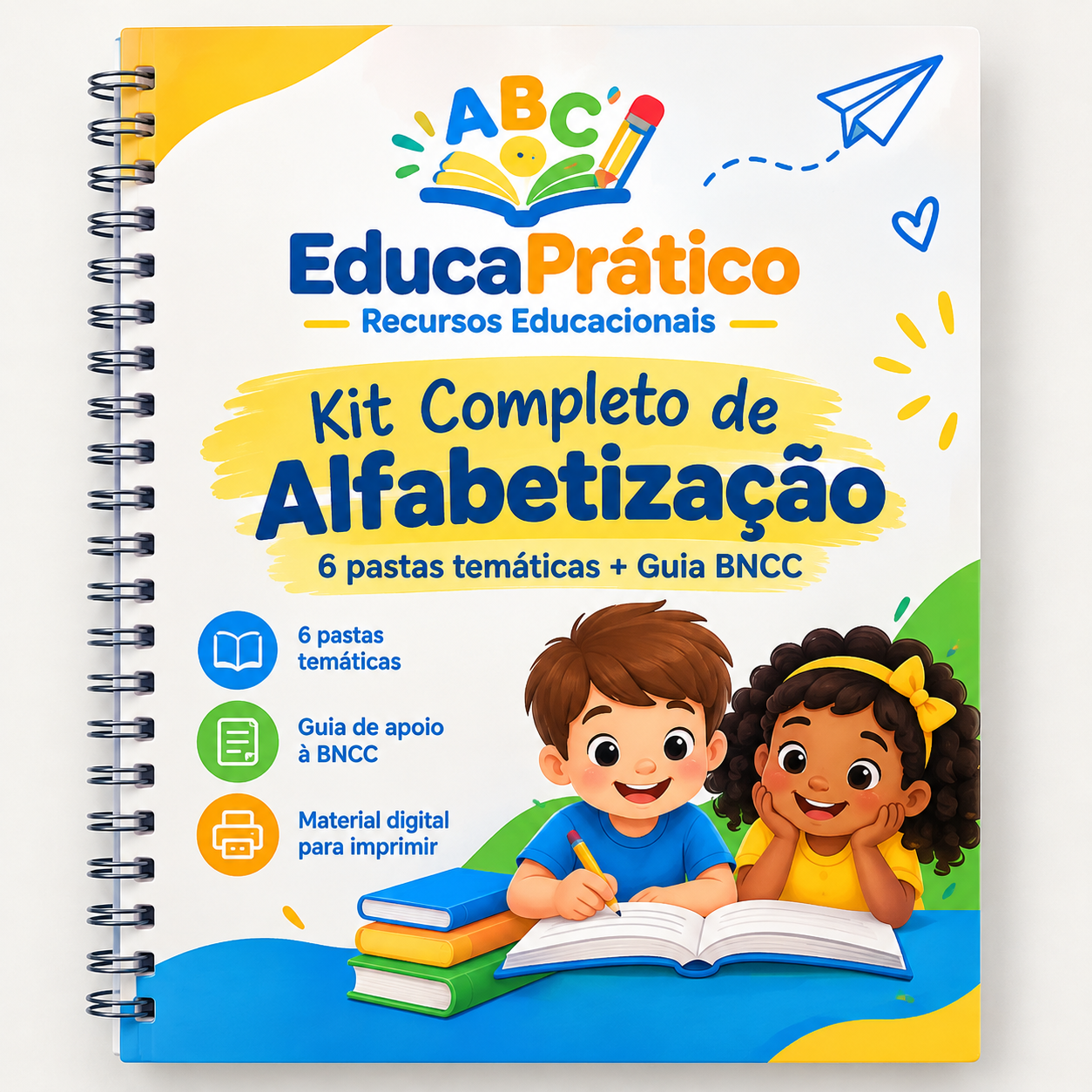 Capa ilustrativa do Kit Completo de Alfabetização EducaPrático: 6 pastas temáticas e guia de apoio à BNCC